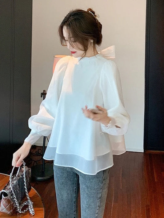 Puff Long Sleeve Chiffon Blouse With Bow Ties Palace Lady Basic Shirt Female Top