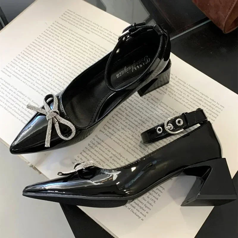 New Rhinestone Bow Decorated High Heels Black Slingback Buckle Design Covered Heel Pointed Toe Mary Jane Shoes
