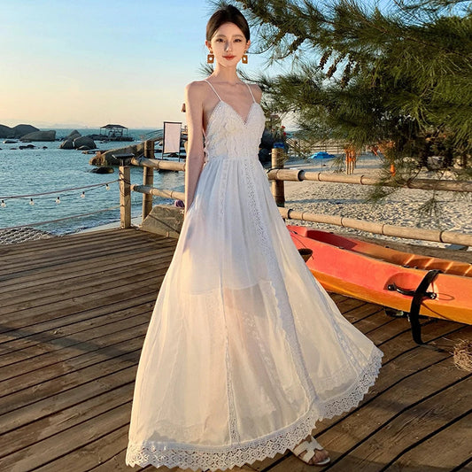 White Lace Spaghetti Straps Backless Summer Vneck Bandage Fairy Long Dress Club Birthday Party Evening Sundress