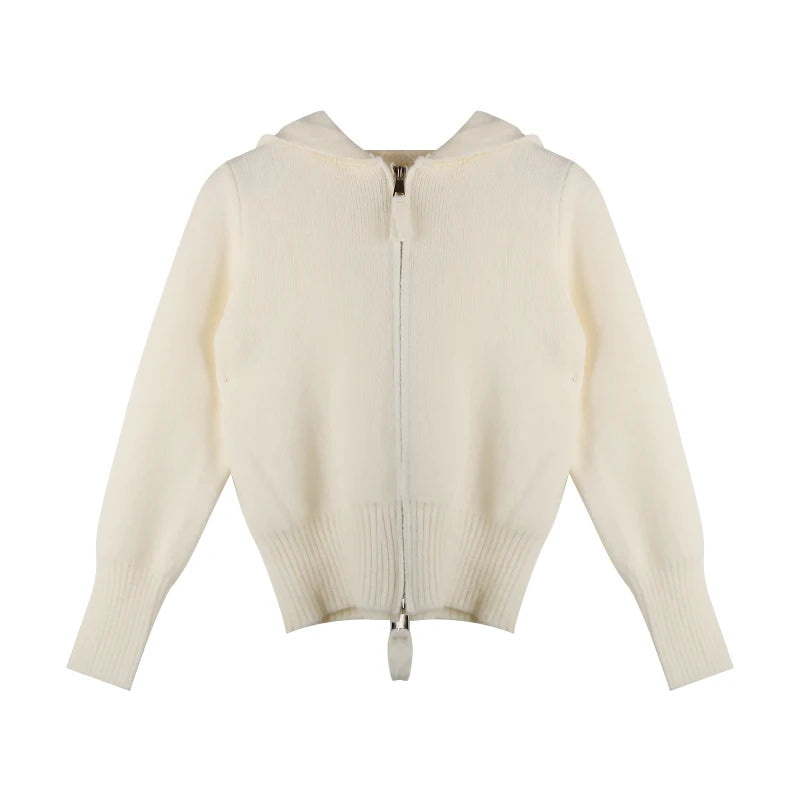 Double Zipper Cropped Knitwear Basic Zip Up Hooded Knitted Cardigan Slim Long Sleeve Sweaters for Winter Clothes