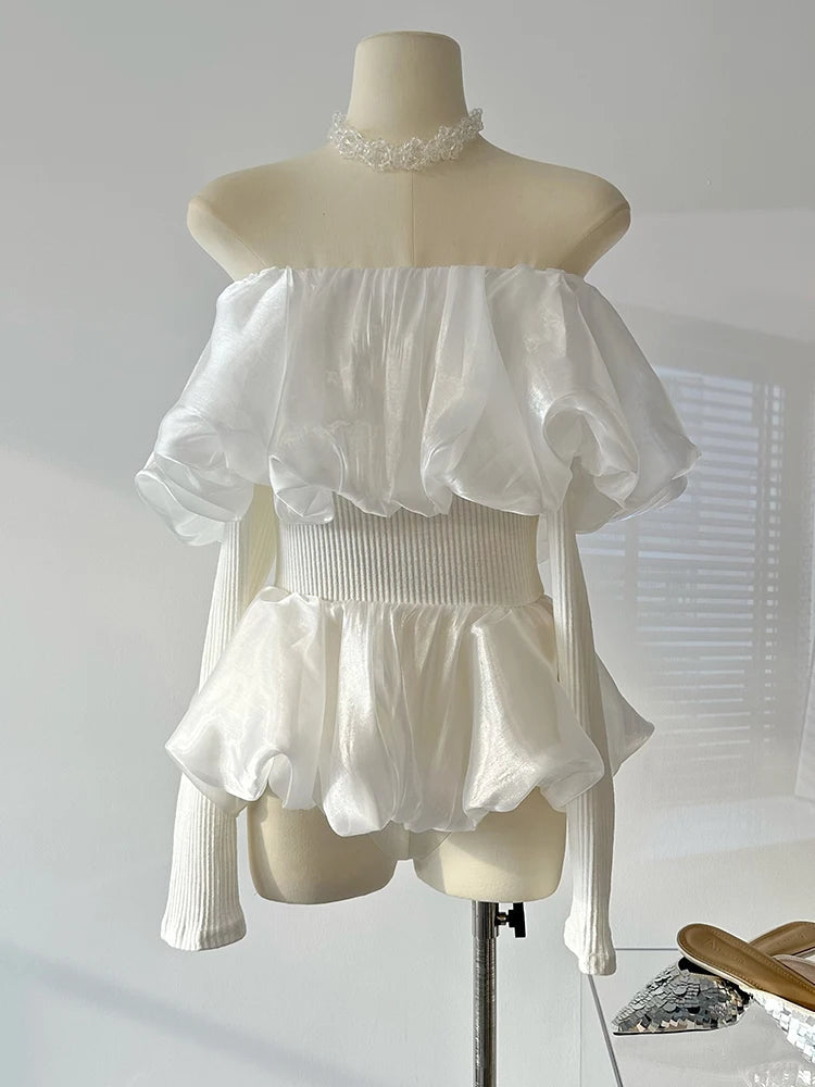 Sweet Chiffon Blouses Hot Slash Neck Thin Shirring Crop Top Office Lady Simple Daily Shirts Ins Y2k Design New Trend