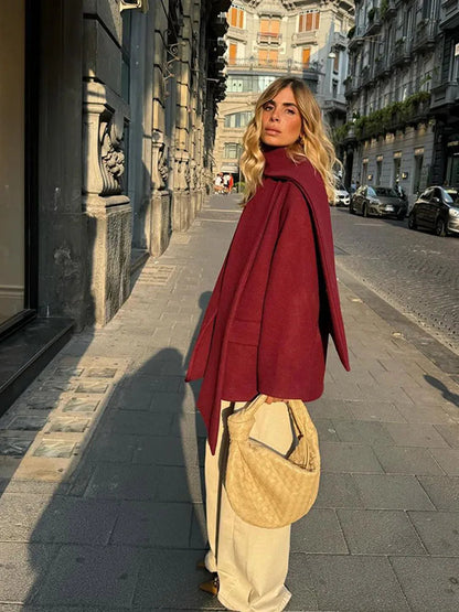 Causal Burgundy Autumn Full Sleeve Woolen Coat With Scarf Single Breasted Jacket Female New Office Wear