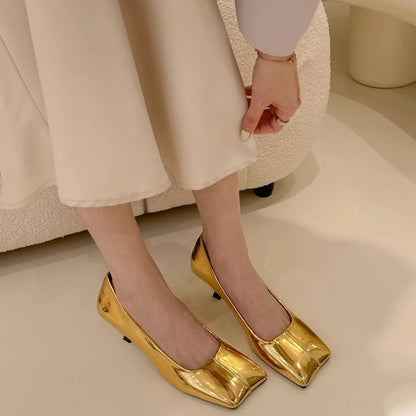 Gold Designer Pumps Shoes Thin High Heels Square Toe Shallow Slip on Work Office Female Wedding Shoes