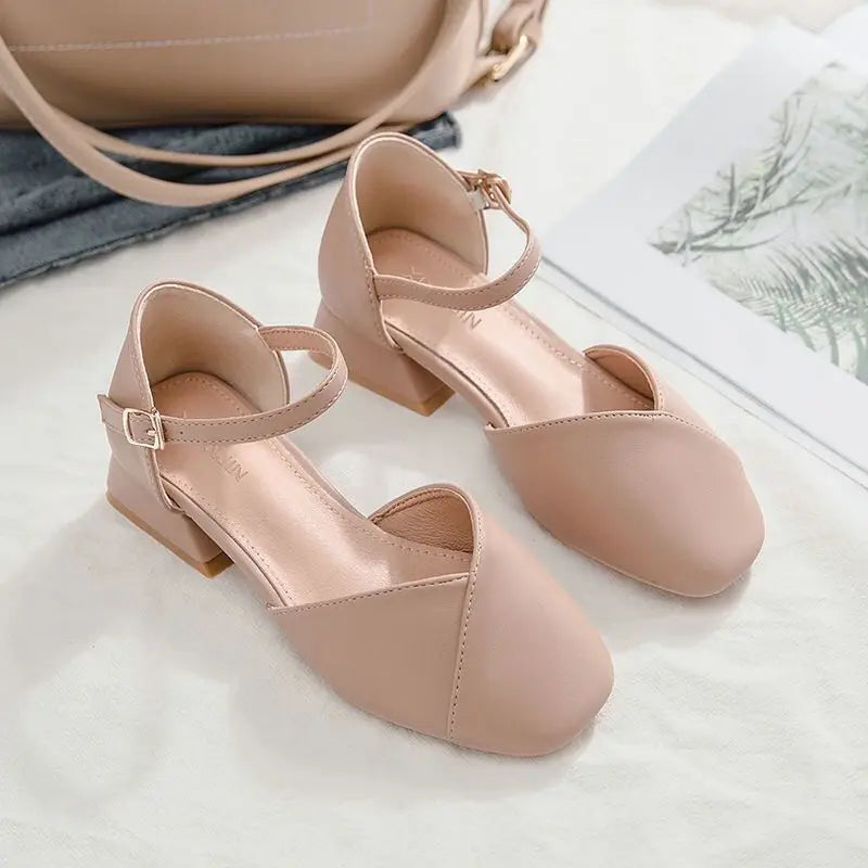 Summer Shoes Pearl Square Heels for Office Work Medium Sandals Woman Footwear H on Offer Designer Original
