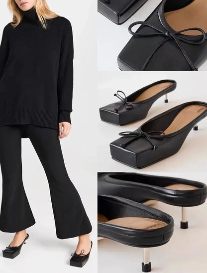 Designer Mule Pumps Slippers Bow Square Toe Party Dress Shoes Red High Heels Sandals