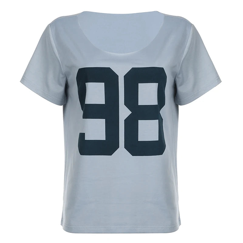 Y2k Digital Print Loose T-shirt Short Sleeve O Neck Basic Tee Summer Top Lady Outfits