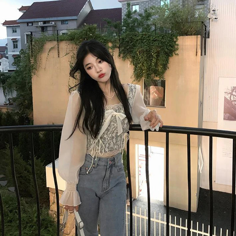 Cropped Shirts Bow Lace Patchwork Blouses Summer Korean Print Square Collar Bandage Long Sleeve Slim Tops