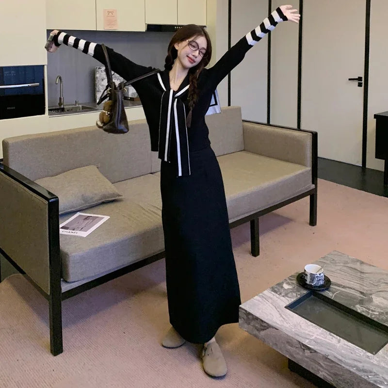 Autumn New Japanese Contrast Color Patchwork Laceup Long Sleeve Cardigan + Loose Knitted Aline Skirt Twopiece Suit