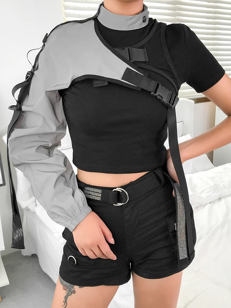 Reflective Crop Top Harajuku Punk Long Sleeve T-shirt Irregular Cargo Top One Shoulder T Shirt Street