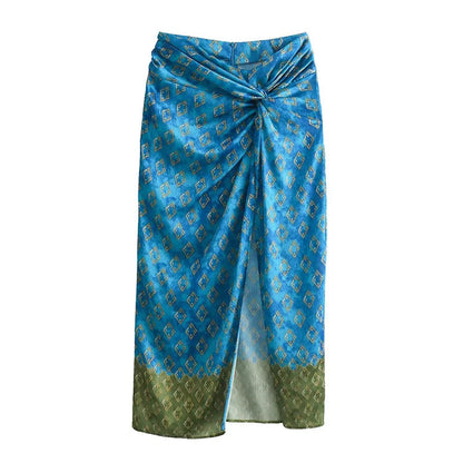 Summer Long Skirt for Woman Printed High Waist Ruched High Slit Dresses Female Slim Fit Midi Skirts