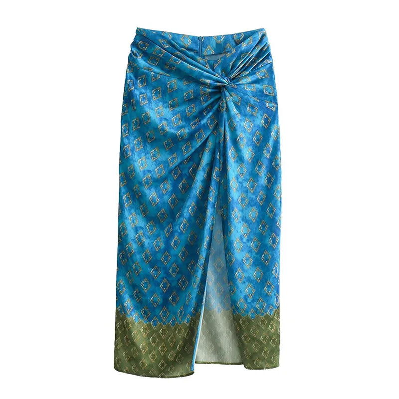 Summer Long Skirt for Woman Printed High Waist Ruched High Slit Dresses Female Slim Fit Midi Skirts