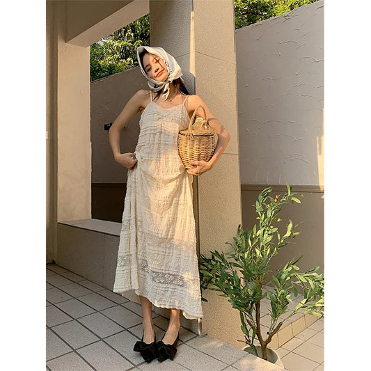 Korean Style Lace Spliced Strap Dress for New Summer Mid Length Black Skirt