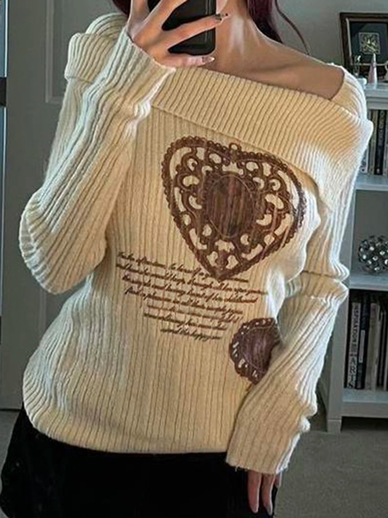 White Autumn Winter New Sweater Long Sleeve Y2k Retro Heart Print Top Off Shoulder Hotsweet Slim Pullovers