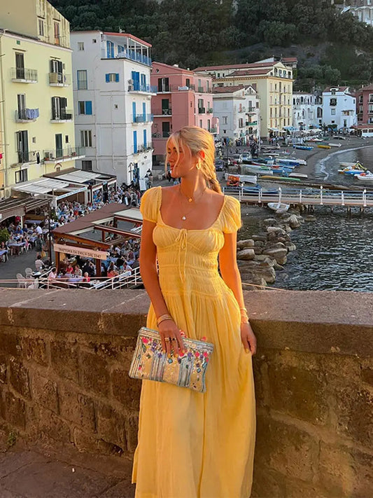 Summer Vacation Backless Square Neck Long Dress Lace Up High Waist Slim Dresses Lady Holiday Beachwear
