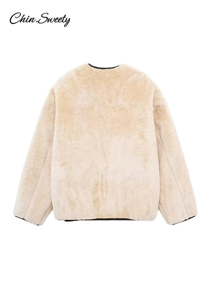 Lambs Wool Jacket for Loose Fleece O-neck Single Breasted Pockets Long Sleeve Fur Coat Autumn Winter Lady Outwear
