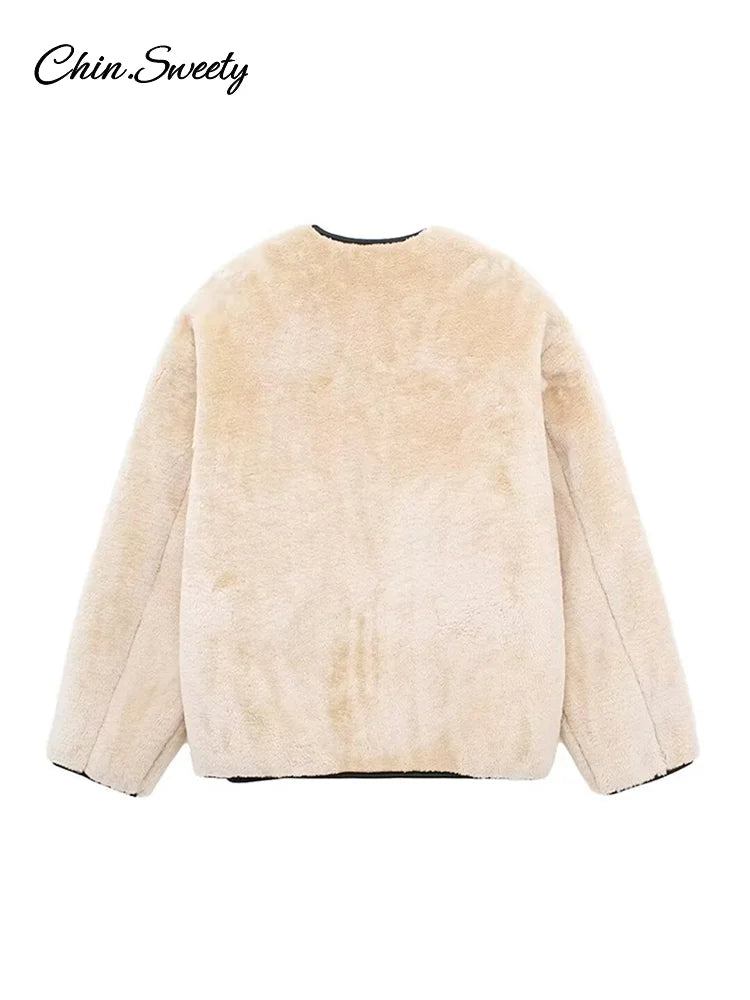 Lambs Wool Jacket for Loose Fleece O-neck Single Breasted Pockets Long Sleeve Fur Coat Autumn Winter Lady Outwear