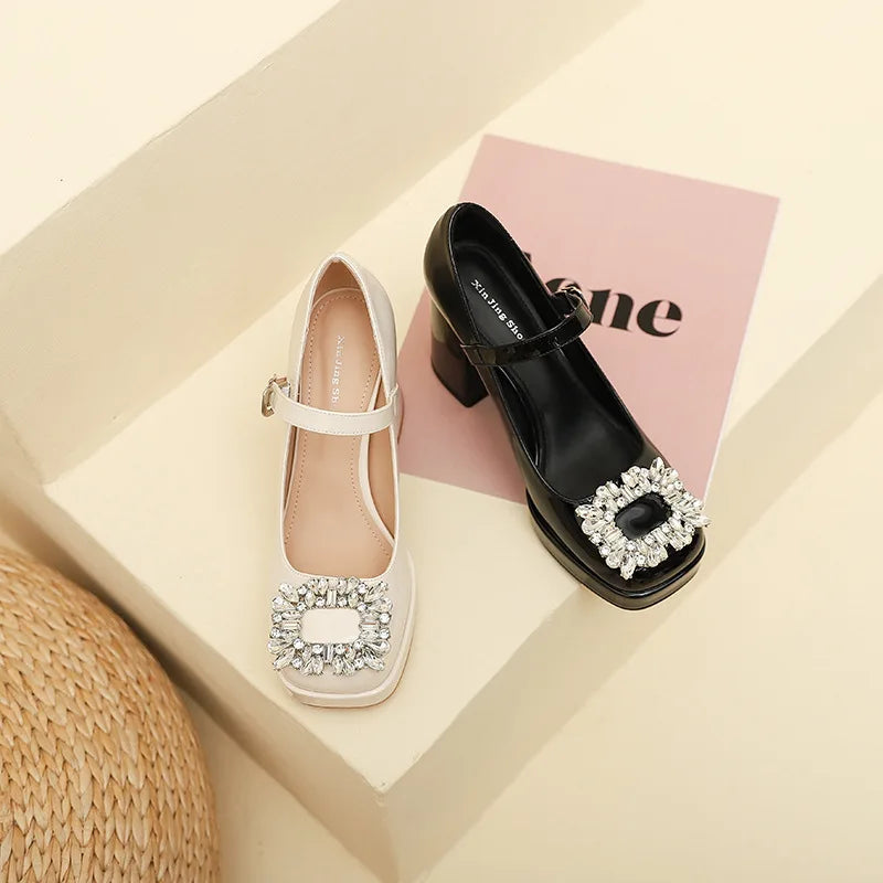 Shoes With Straps Sandals Brief Pumps Heels Square Toe Buckle African Sweet Comfortable Crystal Brand