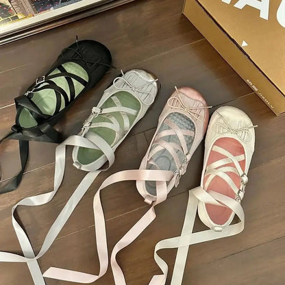 Ballet Flats Round Toe Lace Up Black Pink White Bow Designer Shoes Sandals Ballerinas Mary Jane Shoes for