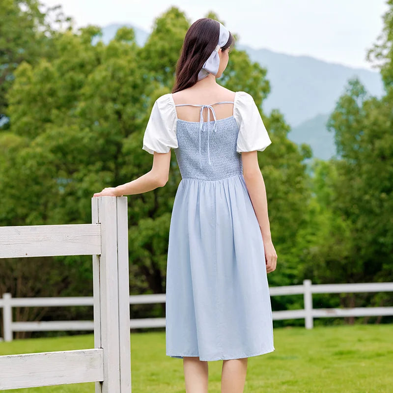 Dress Color-blocking Puff Sleeves Sweet and Temperament Autumn Hepburn Style Tight Retro Skirt