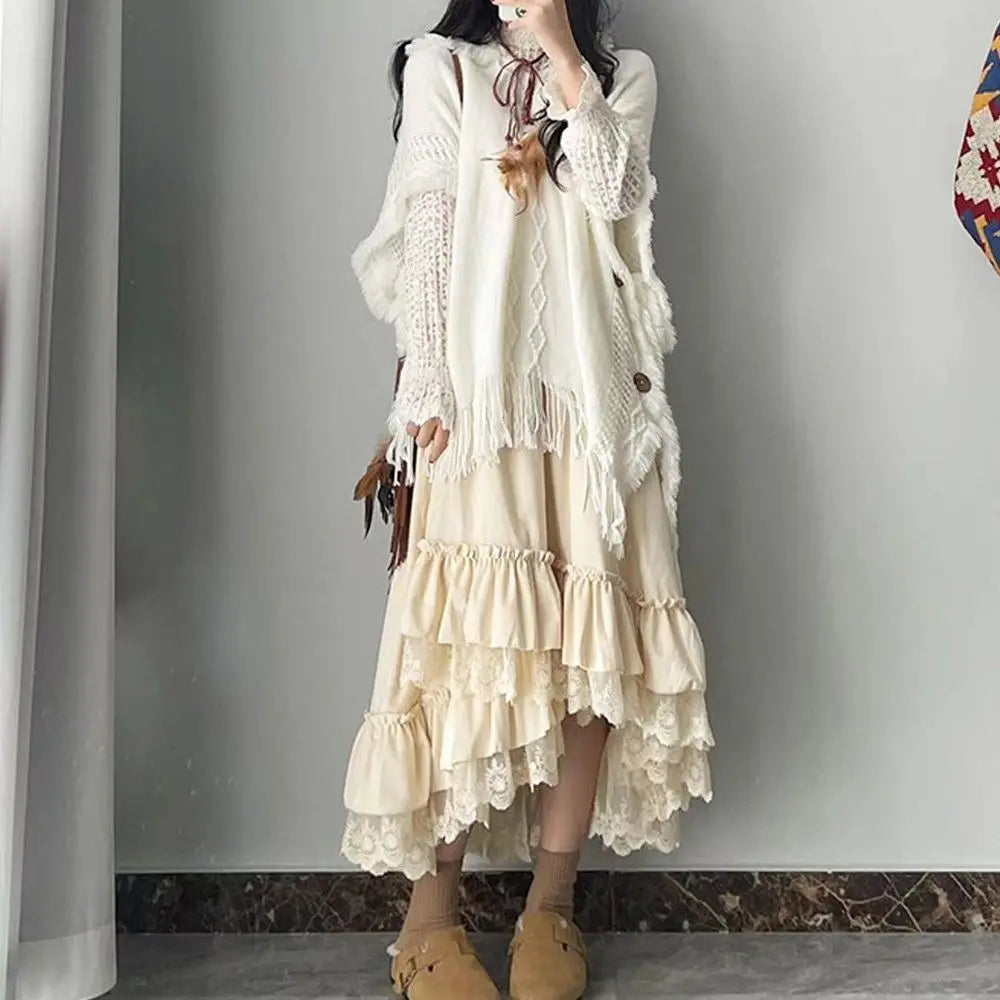 Autumn and Winter Forest Style Lace Splicing Thick Velvet Long Skirts for High Waist Aline Cake Skirt