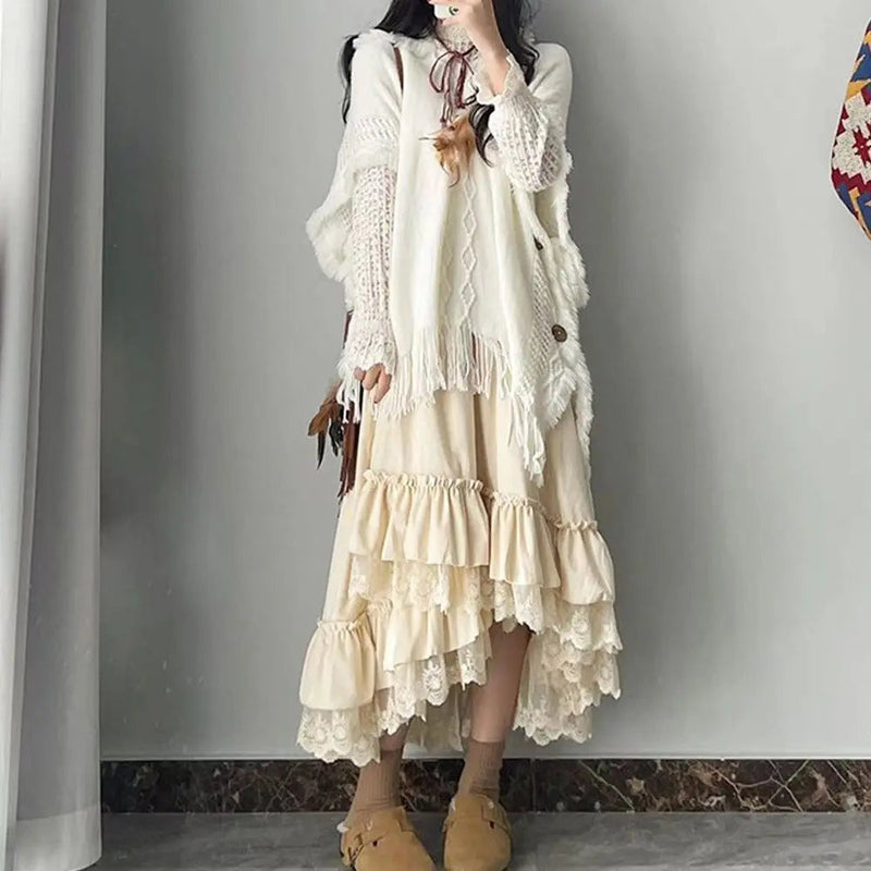 Autumn and Winter Forest Style Lace Splicing Thick Velvet Long Skirts for High Waist Aline Cake Skirt