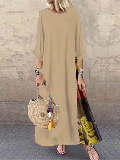 Cotton Linen Long Dresses Three Quarter Sleeves Splicing Print Loose A-line Dress Lady Maxi Vestido
