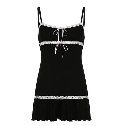 Y2k Contrast Lace Patchwork Aline Sleeveless Dress Coquette Aesthetic Bow Mini Dresses Holiday Party Outfits