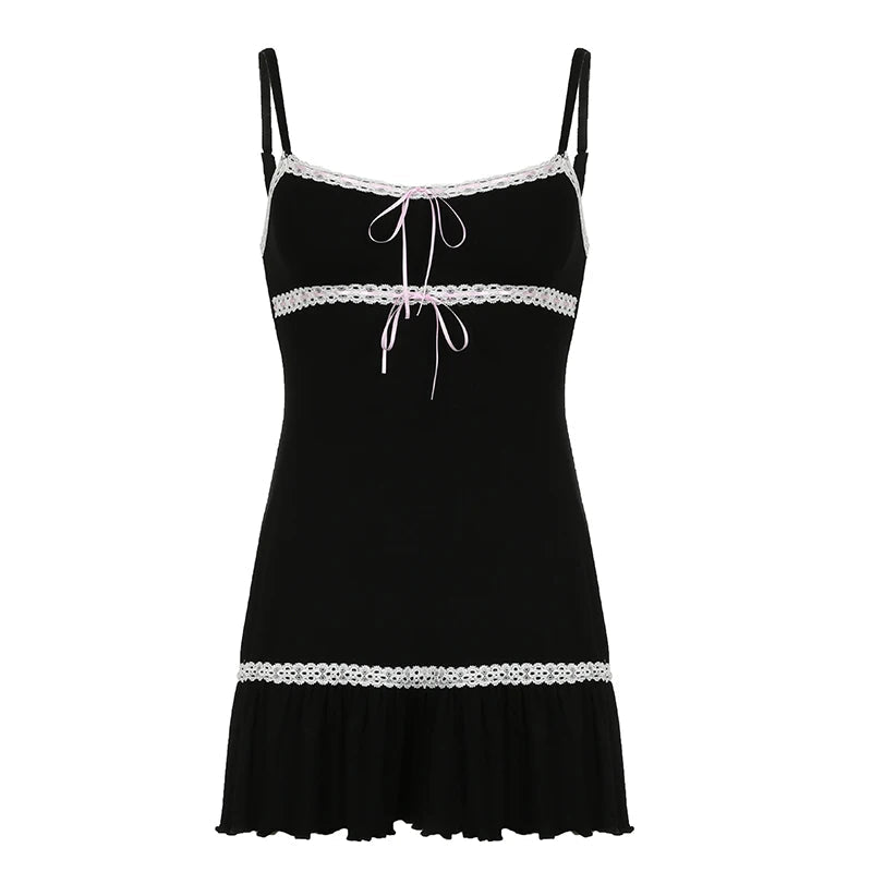 Y2k Contrast Lace Patchwork Aline Sleeveless Dress Coquette Aesthetic Bow Mini Dresses Holiday Party Outfits