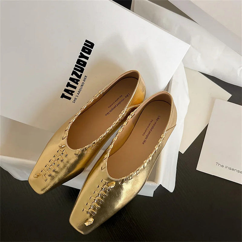 Loafers Spring Walk Loafers Genuine Leather Slip on Flats Shoes Soft Ballet Flats Shoes Woman Gold