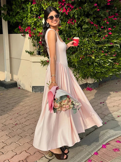 Pleated Square Neck Midi Dress