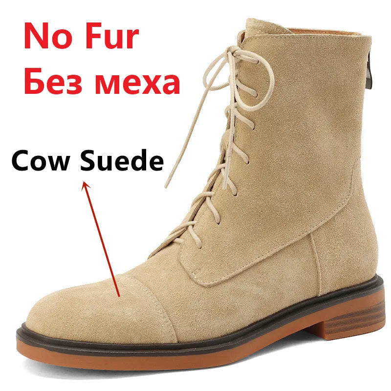 Autumn Winter Ankle Boots Office Genuine Leather Wool Low Heels Comfortable Shoes Woman
