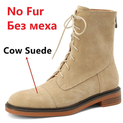 Autumn Winter Ankle Boots Office Genuine Leather Wool Low Heels Comfortable Shoes Woman