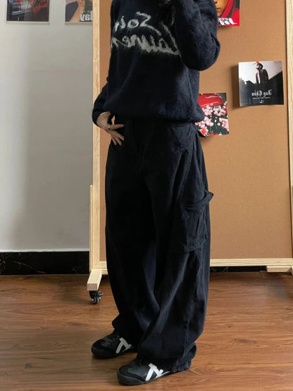 Boyfriend Jeans for Baggy Balck Wide Leg Denim Trousers Harajuku Causal Straight Cowgirl Pants