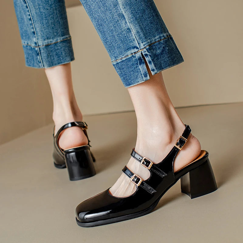 44 45 46 Black Silver Chunky High Heels Mary Jane Shoes Square Toe Double Buckle Pumps Slingback Sandals