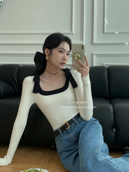 Tie Up Bow Decoration Slim Knitwear Autumn Winter Contrast Color Design Knitwear Female Uneck Sweater Style