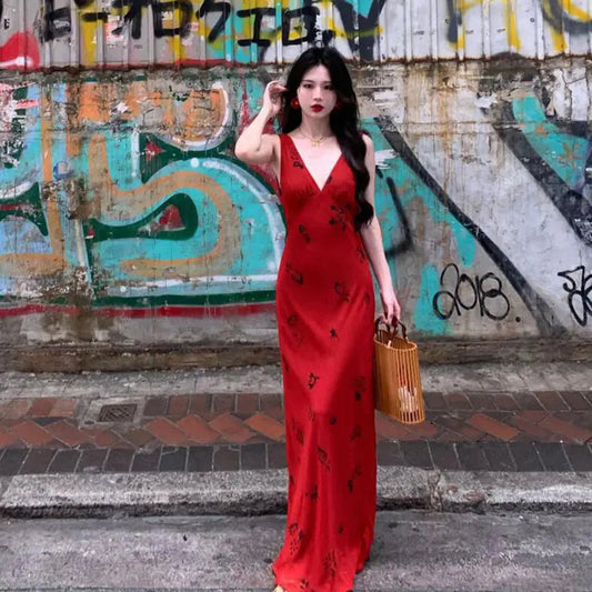 High End Glamorous Socialite Party Evening Red Vneck Camisole Dress Slim Fit Sleeveless Bodycon Maxi Dresses for