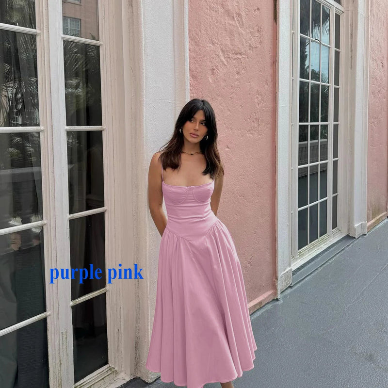 Spaghetti Strap Slim A-line Midi Dress