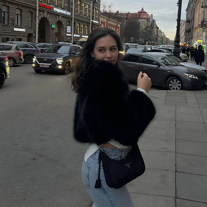 Brand Winter Sweet Pink Cropped Faux Fur Coat Ins Fluffy Fox Fur Jacket Female