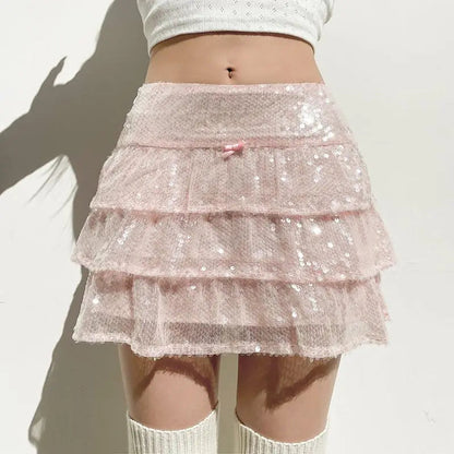Mini Skirts Sequin Ruffle Pink Layered Short a Line Sparkly Club Party Skirts