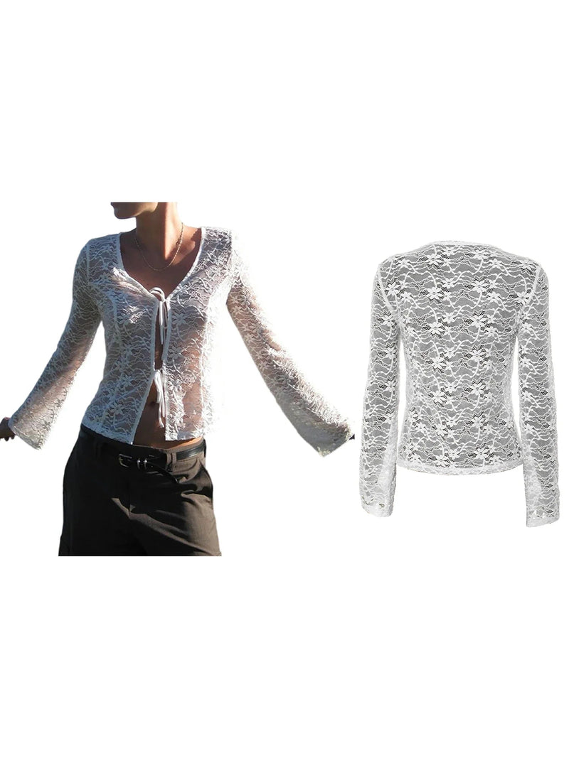 Lace Trimmed V-neck Blouse With Tie Front Detail and Long Sleeves - Stylish S Shirt for Street Style