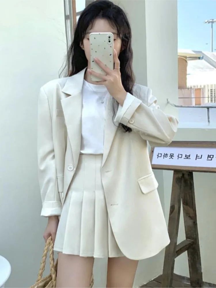 Korean Two-piece Skirt Set Single Breasted Blazer Coat + Pleated Mini Skirt Autumn Office Lady Suits