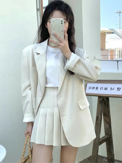 Korean Two-piece Skirt Set Single Breasted Blazer Coat + Pleated Mini Skirt Autumn Office Lady Suits