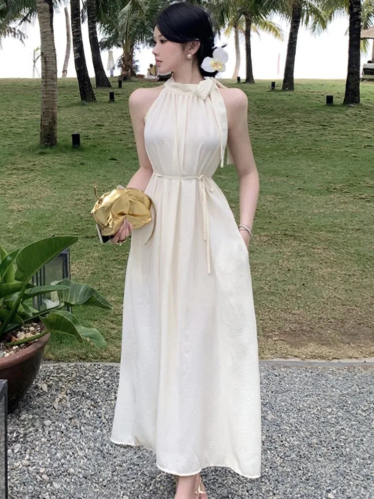 Summer Spring French Halter Dresses Off Shoulder Birthday Party Midi Dress Female Holiday Loose Vestidos