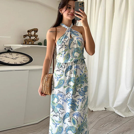 Female Off Shoulder Hollow Out Holiday Beach Dress Pattern Print High Waist Long Dress Summer Halter Loose Dress