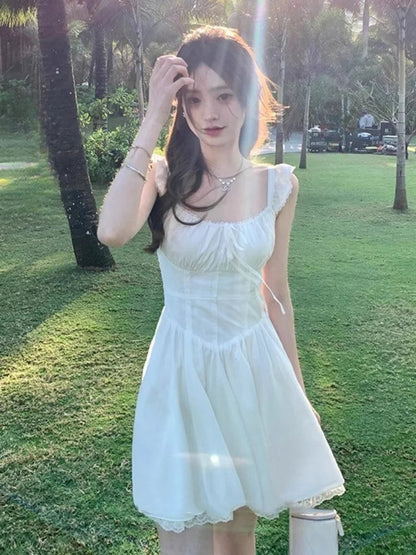 Sweet White Mini Dress Square Collar Sleeveless Laceup Birthday Party Dresses Summer Aline Short Vestidos