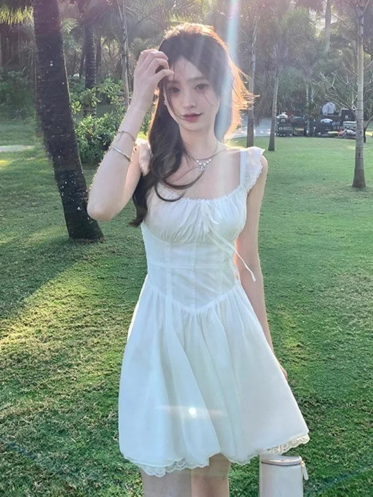 Sweet White Mini Dress Square Collar Sleeveless Laceup Birthday Party Dresses Summer Aline Short Vestidos