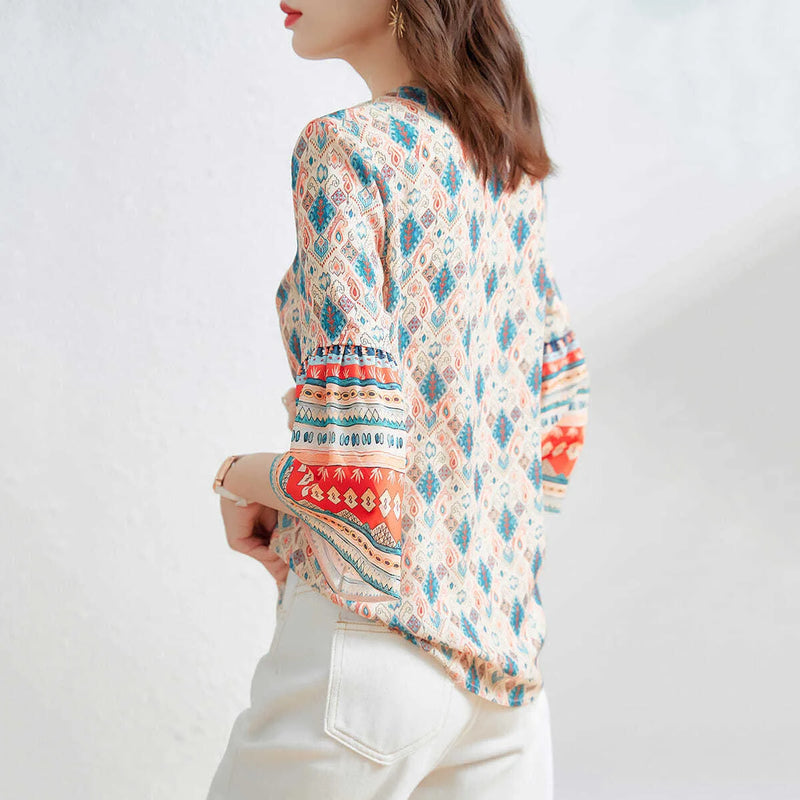 Woman Summer Style Chiffon Blouses Tops Lady Hafl Flare Sleeve V-neck Printed Blusas Tops Zz1326