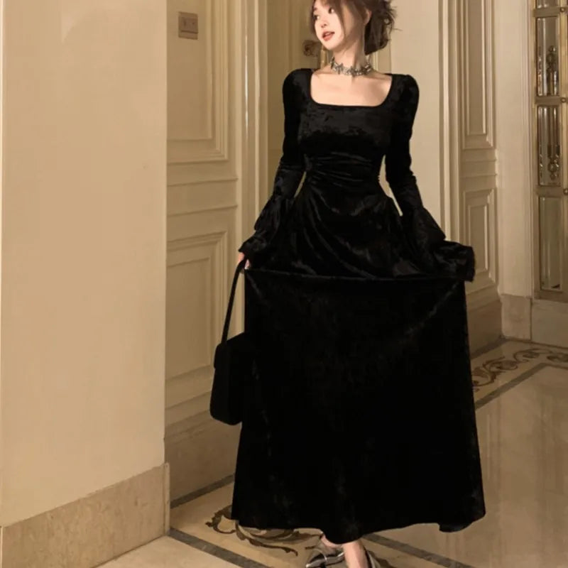 Y2k Velvet Long Dresses for Flare Sleeve Square Collar Slim Waist A-line Autumn Winter Evening Party Prom Robe Vestidos
