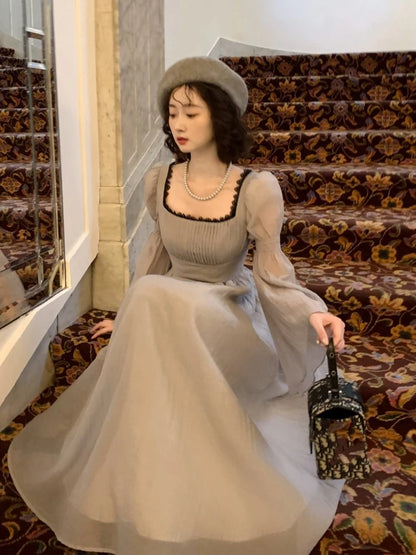 Autumn Princess Midi Dresses for Square Collar Flare Sleeve A-line Party Dress Slim Waist Korean One Piece Vestidos New