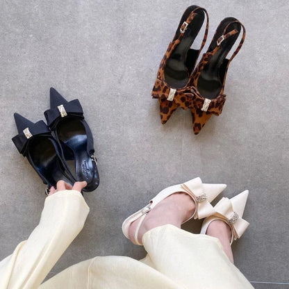 Leopard Thin High Heels Butterflyknot Office Shoes Summer Pointed Toe Sandals Pumps Sandalias De Mujer